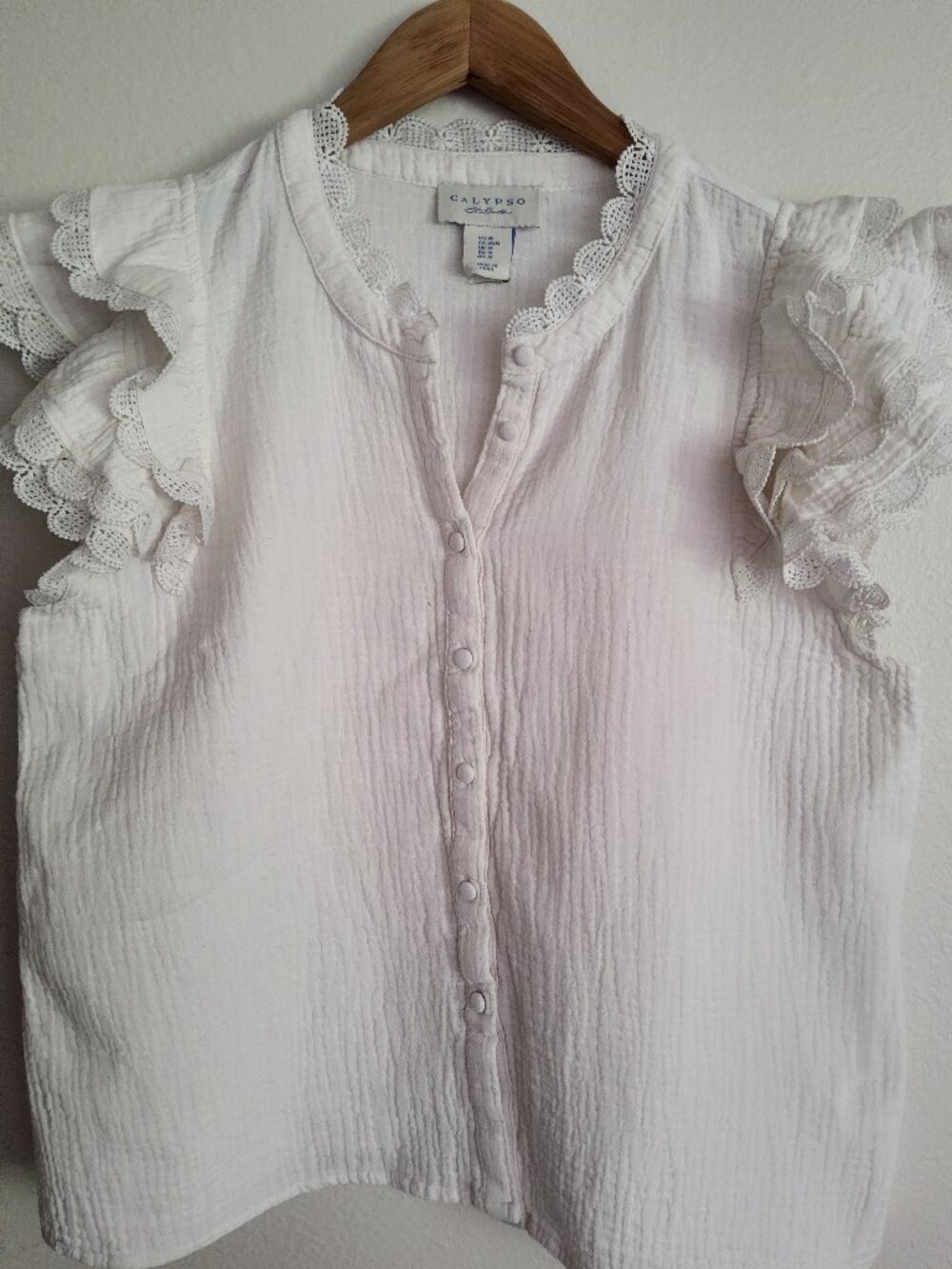 Calypso St. Barth White Lace Sleeve Cotton Blouse Top Size Medium